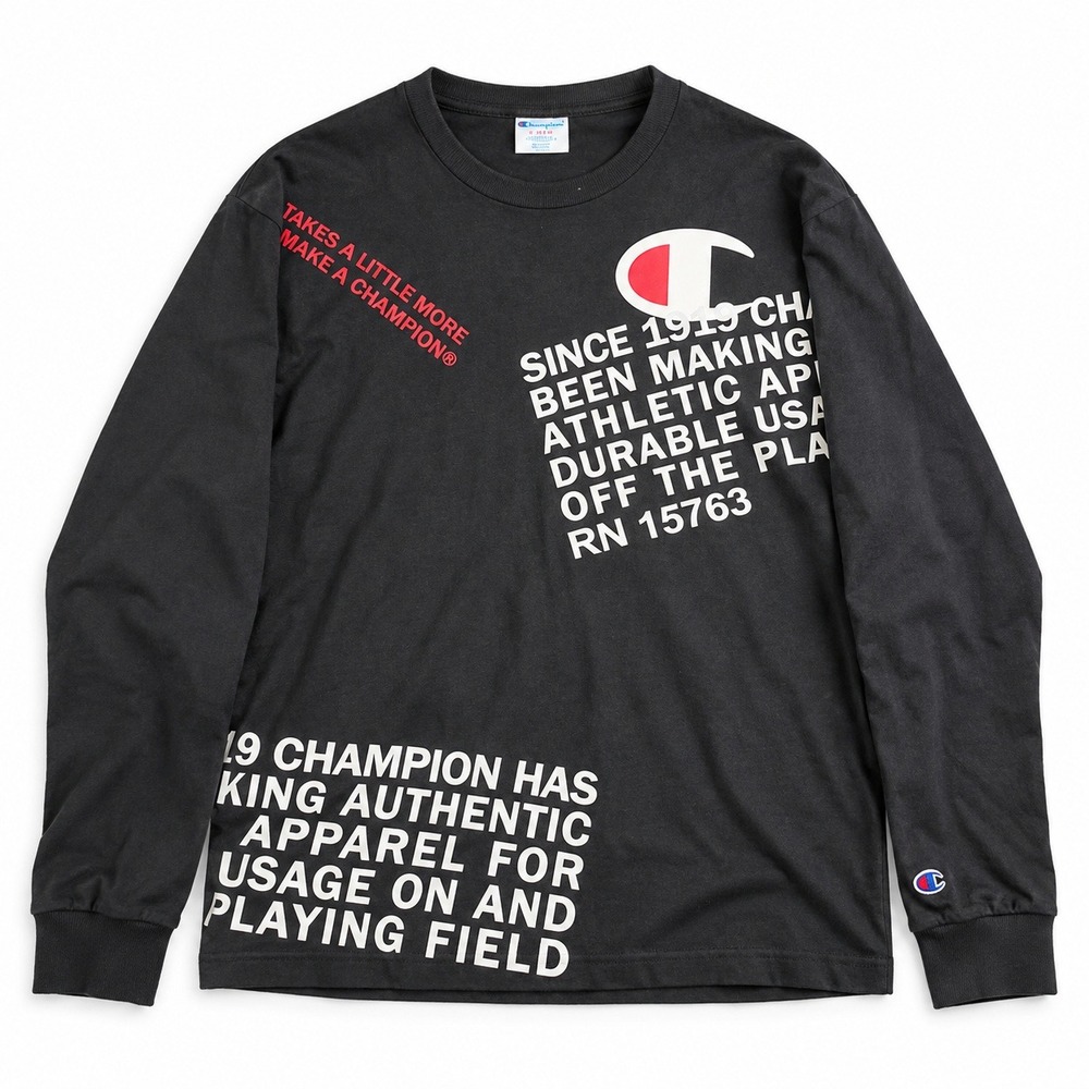 Champion Mens Black Long Sleeve Graphic T Shirt Big Logo Spellout Streetwear